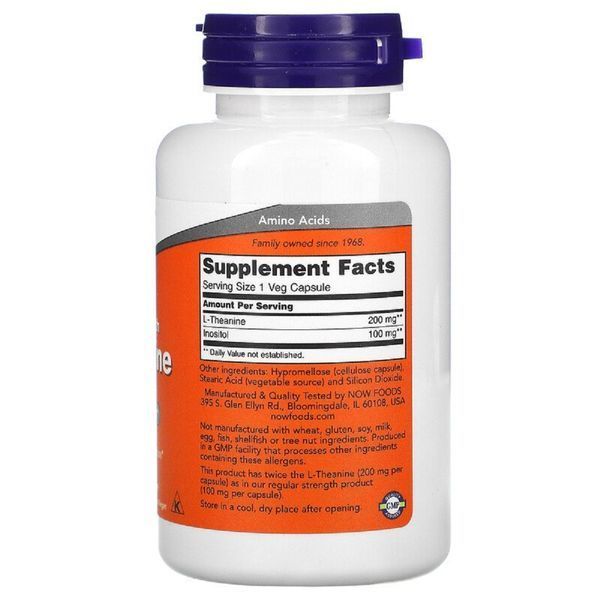 L-Теанін, L-Theanine, Double Strength, Now Foods, 200 мг, 120 вегетаріанських капсул
