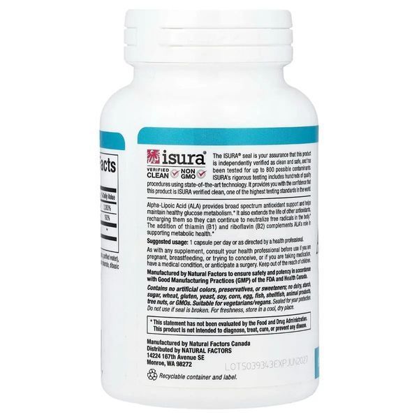 Альфа-ліпоєва кислота з вітамінами B1 та B2, 600 мг, Alpha-Lipoic Acid with B1 & B2, Natural Factors, 60 вегетаріанських капсул