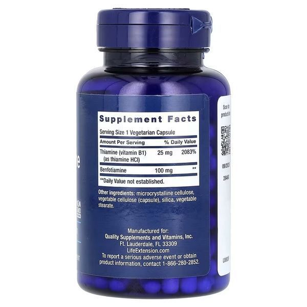 Бенфотиамин с тиамином, 100 мг, Benfotiamine with Thiamine, Life Extension, 120 вегетарианских капсул