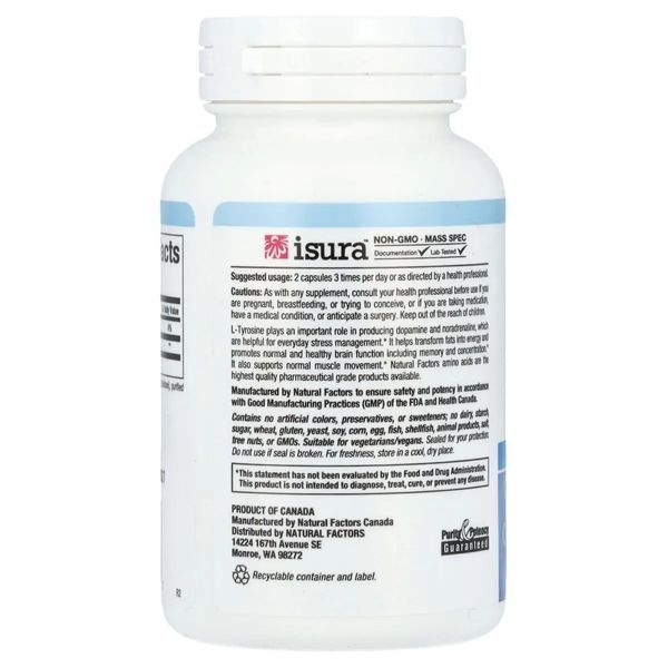 L-тирозин, 1000 мг, L-Tyrosine, Natural Factors, 60 вегетаріанських капсул