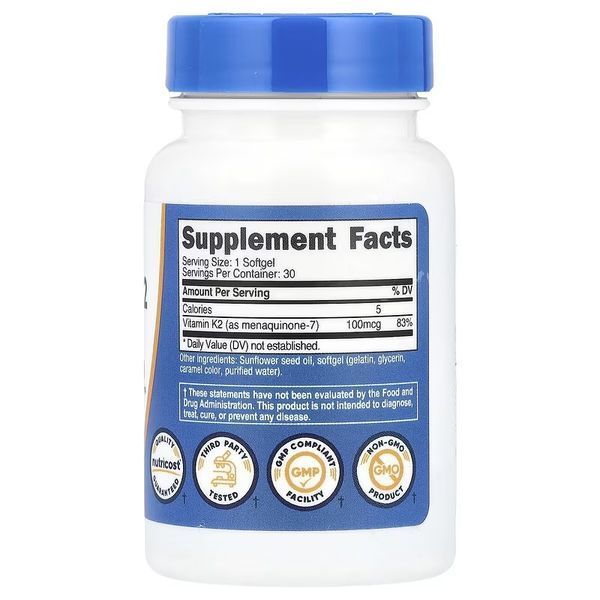 Вітамін К2 у формі МК-7, 100 мкг, Vitamin K2 MK-7, Nutricost, 30 гелевих капсул