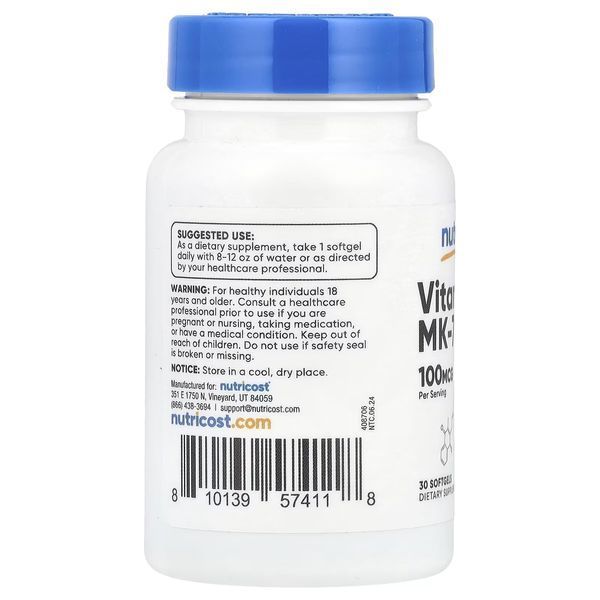 Вітамін К2 у формі МК-7, 100 мкг, Vitamin K2 MK-7, Nutricost, 30 гелевих капсул