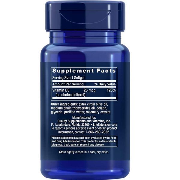 Витамин D3, Vitamin D3, Life Extension, 25 мкг (1000 МЕ), 90 гелевых капсул