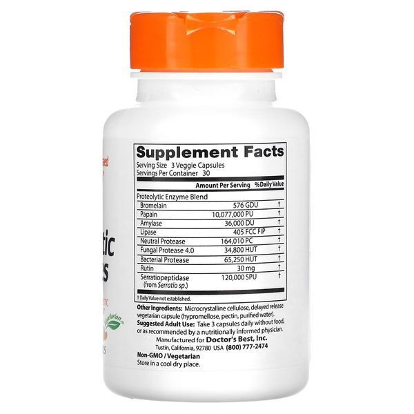 Ферменти протеолітичні відстроченого вивільнення, Proteolytic Enzymes, Doctor's Best, 90 вегетаріанських капсул