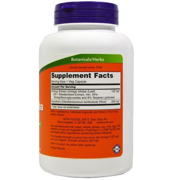 Гінкго білоба, Ginkgo Biloba, Double Strength, Now Foods, 120 мг, 200 капсул
