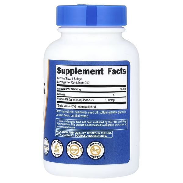 Вітамін К2 у формі МК-7, 100 мкг, Vitamin K2 MK-7, Nutricost, 240 гелевих капсул
