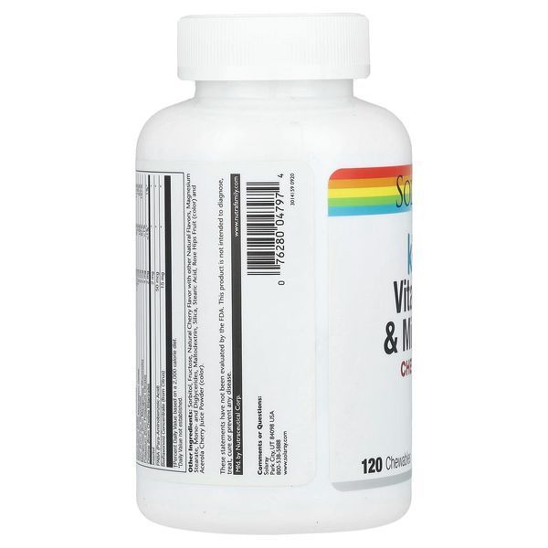 Вітаміни та мінерали для дітей, смак вишні, Kids Vitamins & Minerals Chewable, Solaray, 120 жувальних таблеток